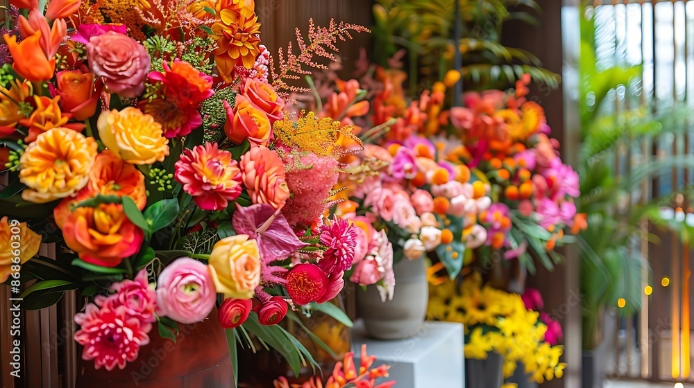 Vibrant Floral Arrangement in Red, Orange, and Pink - Illustration Vibrant Floral Arrangement in Red, Orange, and Pink - Illustration
