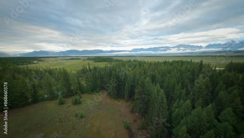 A FPV copter flies near a forest in a mountainous area. Snowy mountains and a river in the background, cloudy weather.
