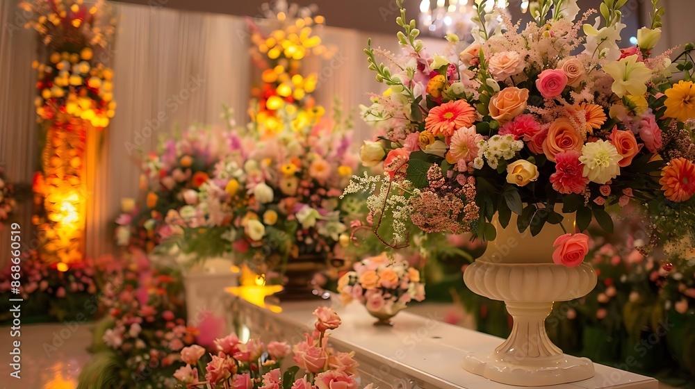Floral Arrangement in White Vase with Blurry Background - Realistic Image Floral Arrangement in White Vase with Blurry Background - Realistic Image