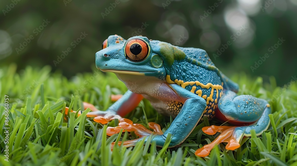 Fototapeta premium Blue sided leaf frog also known as the orange eyed leaf frog sitting on grass very detailed and realistic shape