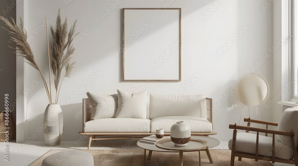 Scandinavian simple interior design living room, dining room with empty poster mockup on the wall
