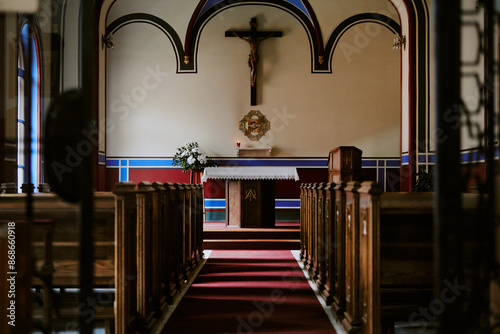 Fotografi No people wide shot of Catholic church interior with nave, sanctuary and altar i