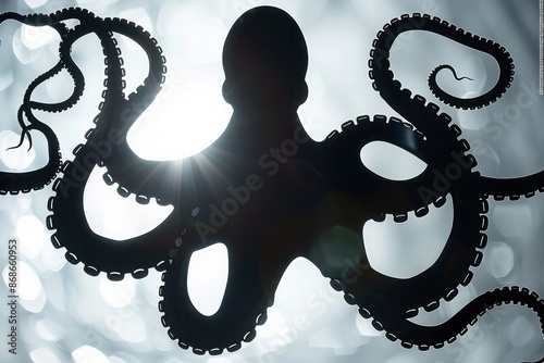 A black silhouette logo of an octopus, showcasing the graceful movement of its tentacles, against a bright crystalline background photo