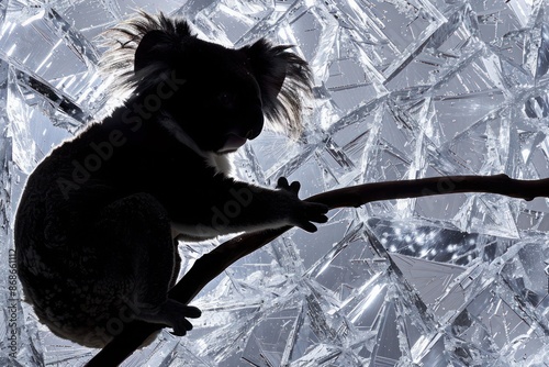 A black silhouette of a koala clinging to a branch, against a bright crystalline background photo