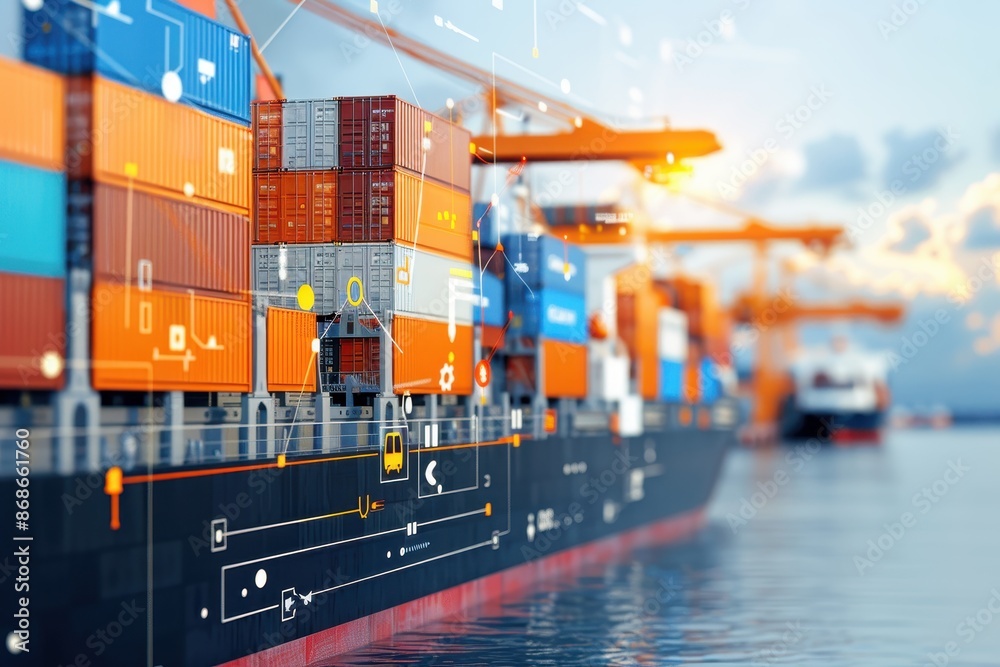 Obraz premium Cargo Ship with Containers and Digital Overlay