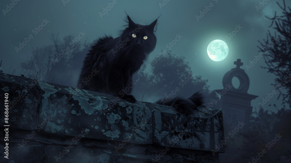 A black cat with a mystical appearance, with a glow in its eyes, on a stone wall under the full moon in a mysterious, foggy cemetery landscape. A black cat with a mystical appearance, with a glow in its eyes, on a stone wall under the full moon in a mysterious, foggy cemetery landscape.