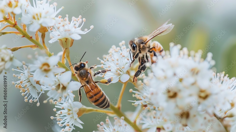 Honey bees gather pollen and sugary nectar from tiny white flowers on a spirea plant. Honey bees gather pollen and sugary nectar from tiny white flowers on a spirea plant.