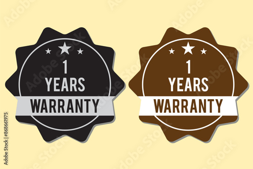 Warranty logo of 1 years, 2 years, 3 year and 5 years in zig-zag circle with star in black and white color on white background. Warranty label or seal flat icon set - Vector Logo
