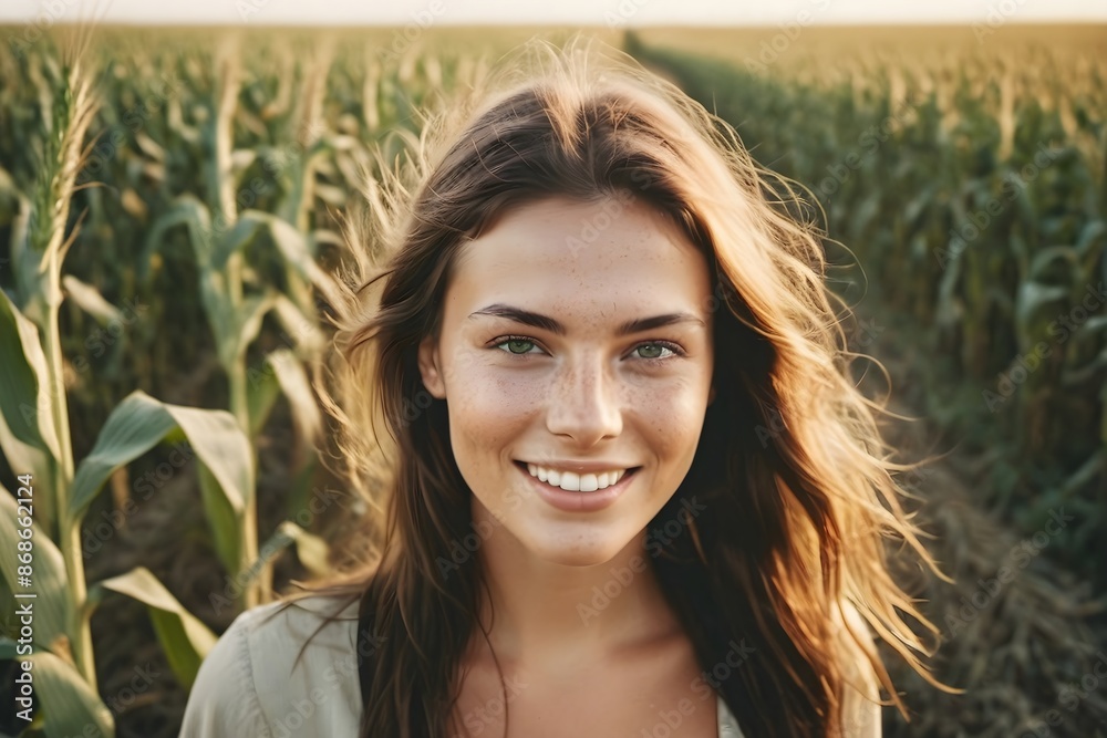 Portrait of a beautiful smiling woman with brown hair and perfect white teeth against a cornfield at sunset, enjoying the outdoor summer beauty and natural happiness Portrait of a beautiful smiling woman with brown hair and perfect white teeth against a cornfield at sunset, enjoying the outdoor summer beauty and natural happiness