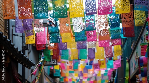 Colorful Paper Flags Hanging in an Alleyway - Photo