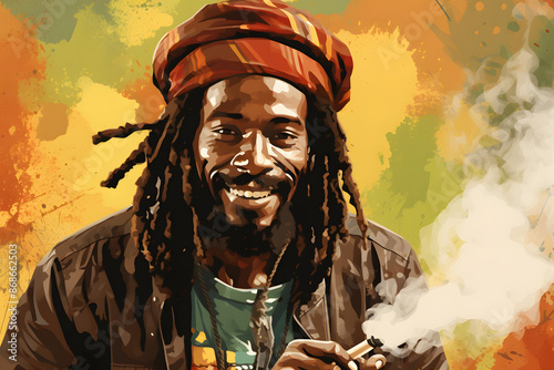 vintage style illustrated rastafari bbq, jameika bbq, smoking up