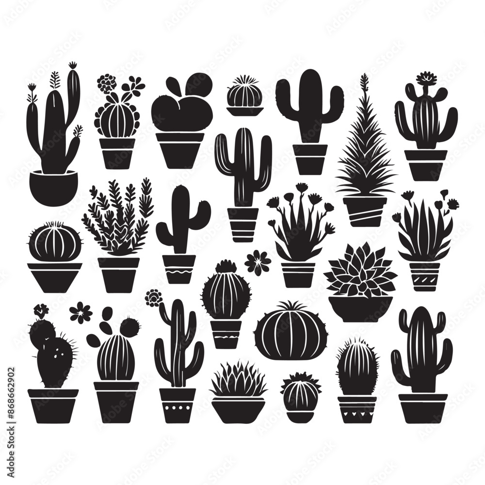 Fototapeta premium Black silhouettes of different cacti on a white background, vector