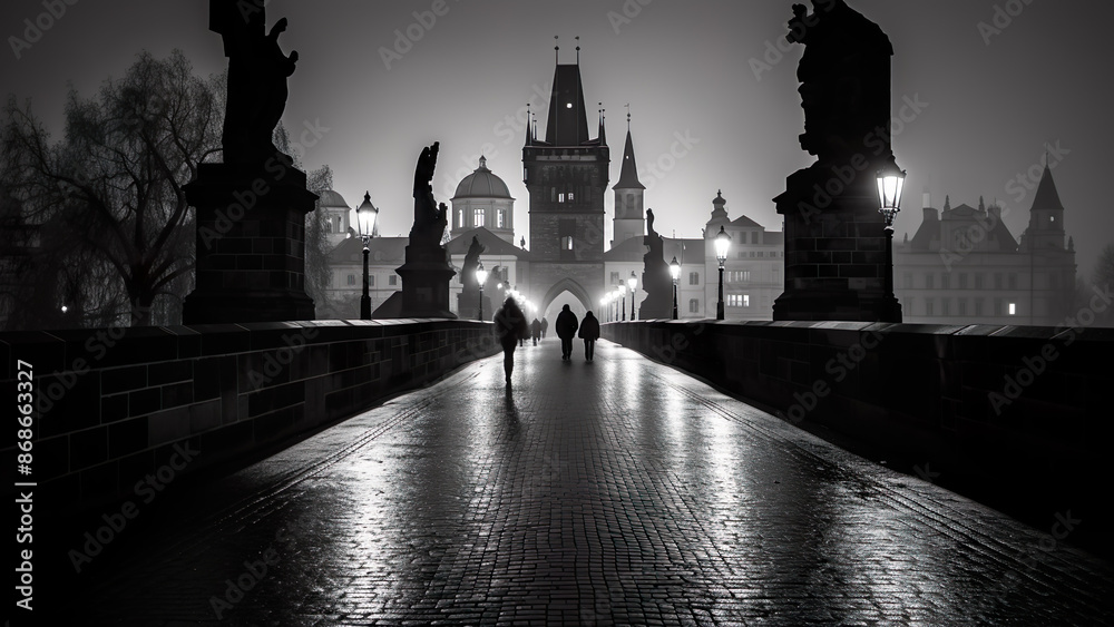 Obraz premium Charles Bridge - Black And White, Monochrome, Noir Photography, Abstract, Minimalist, Timeless