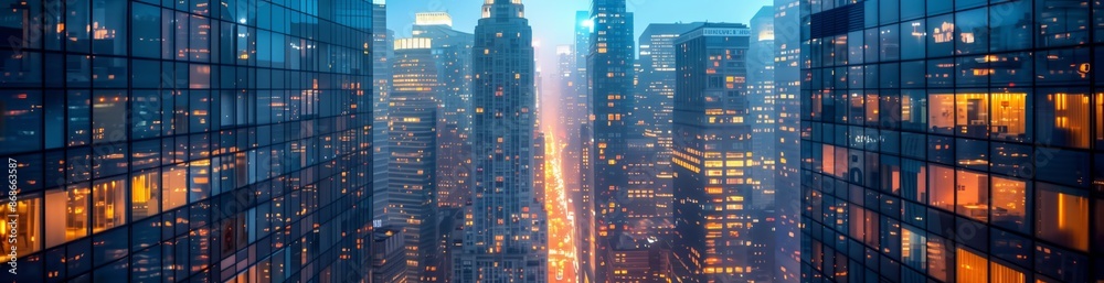 A panoramic view of the city skyline at night, with towering skyscrapers illuminated by street lights and windows filled with office A panoramic view of the city skyline at night, with towering skyscrapers illuminated by street lights and windows filled with office