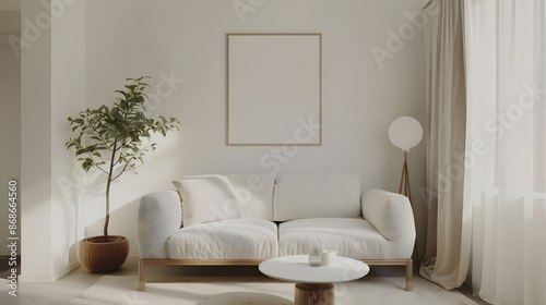 Scandinavian simple interior design living room, dining room with empty poster mockup on the wall