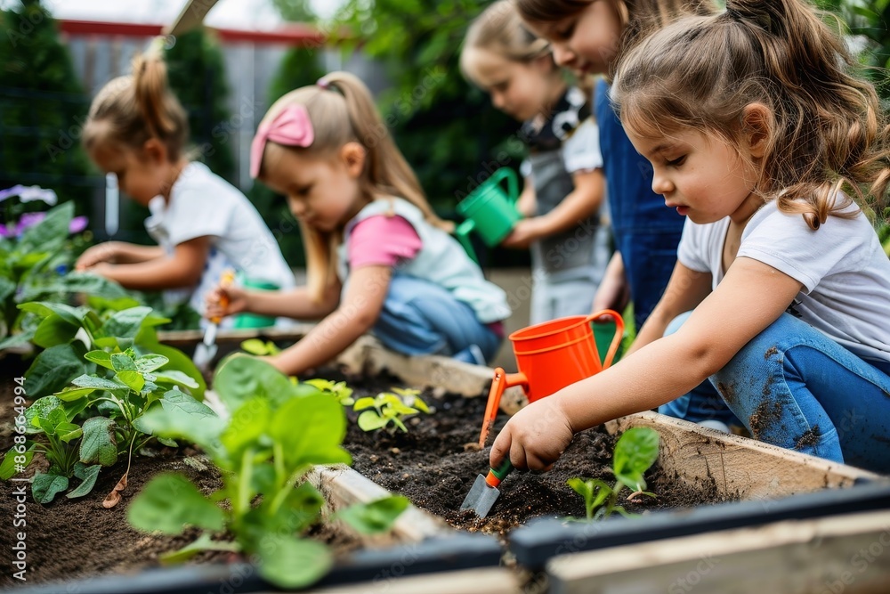 A group of happy children planting seeds in raised garden beds. A group of happy children planting seeds in raised garden beds.
