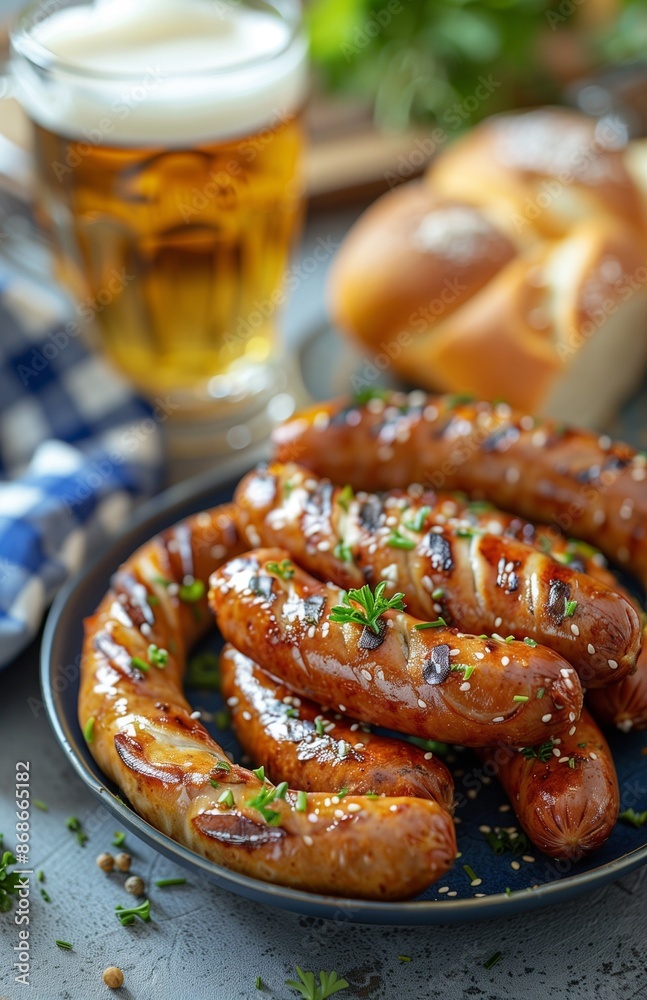 Traditional Bavarian sausages shaped like lederhosen, wrapped in rolls, served on blue and white tablecloths Traditional Bavarian sausages shaped like lederhosen, wrapped in rolls, served on blue and white tablecloths