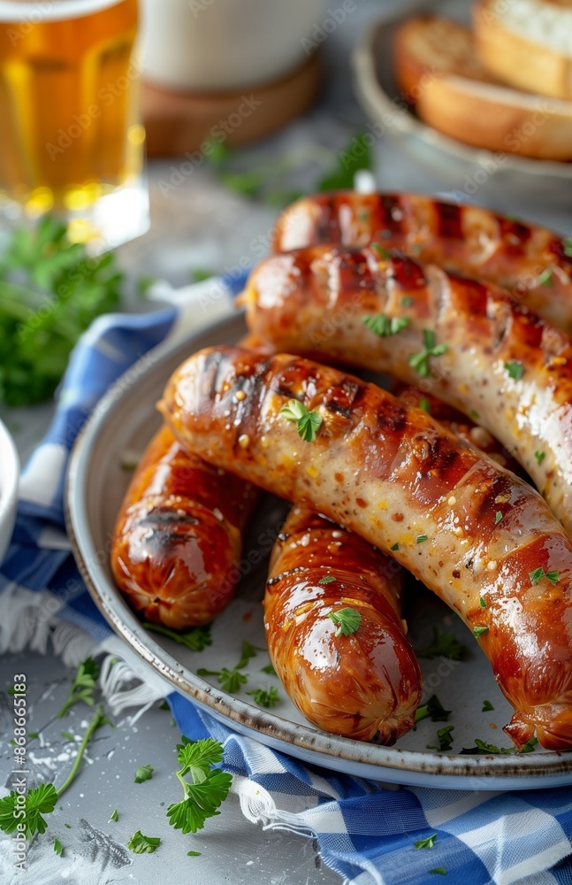 Traditional Bavarian sausages shaped like lederhosen, wrapped in rolls, served on blue and white tablecloths Traditional Bavarian sausages shaped like lederhosen, wrapped in rolls, served on blue and white tablecloths