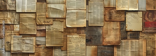 A vintage newspaper texture background with an array of old newspapers