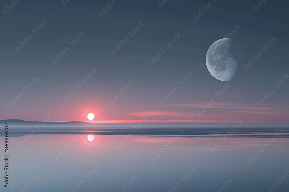 A captivating depiction of the transition between night and day, where the sun rises over a tranquil landscape while the moon fades into the morning sky A captivating depiction of the transition between night and day, where the sun rises over a tranquil landscape while the moon fades into the morning sky