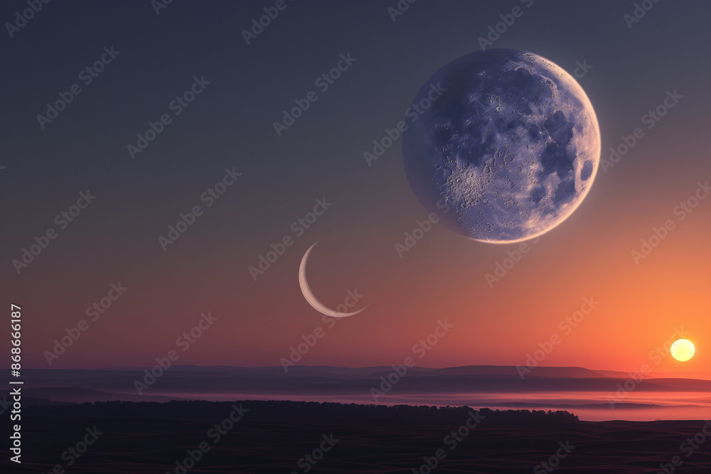 A captivating depiction of the transition between night and day, where the sun rises over a tranquil landscape while the moon fades into the morning sky A captivating depiction of the transition between night and day, where the sun rises over a tranquil landscape while the moon fades into the morning sky