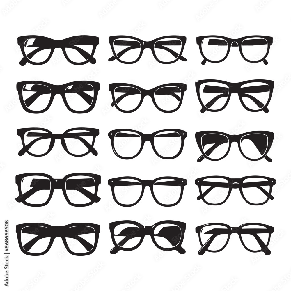 Black silhouettes of different eyeglasses on a white background Black silhouettes of different eyeglasses on a white background