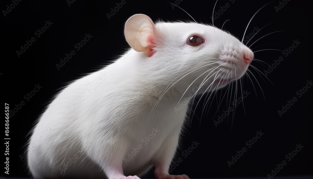 White domestic rat on a black background. Close-up portrait. White domestic rat on a black background. Close-up portrait.