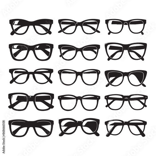 Black silhouettes of different eyeglasses on a white background