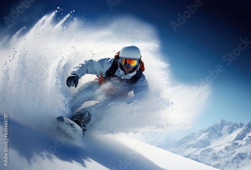 Snowboarder jumping against blue sky over snowy mountains. 3d rendering