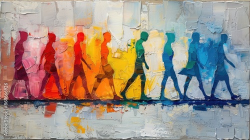 Abstract art of people walking, portrayed in blue, red, orange, and yellow tones, against a white and blue abstract background.