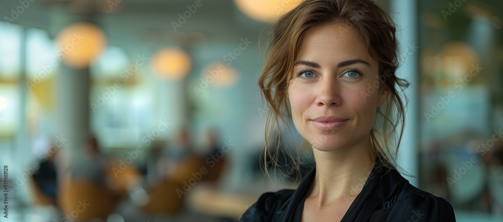 Editorial eye level waist-up shot of a woman business employee in her thirties with a slight smile Editorial eye level waist-up shot of a woman business employee in her thirties with a slight smile