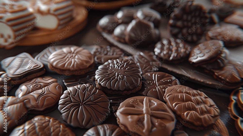Chocolate covered cookies set out on a table for a gathering very detailed and realistic shape Chocolate covered cookies set out on a table for a gathering very detailed and realistic shape