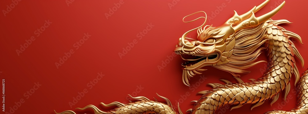 Golden Chinese dragon on red background, copy space concept Golden Chinese dragon on red background, copy space concept