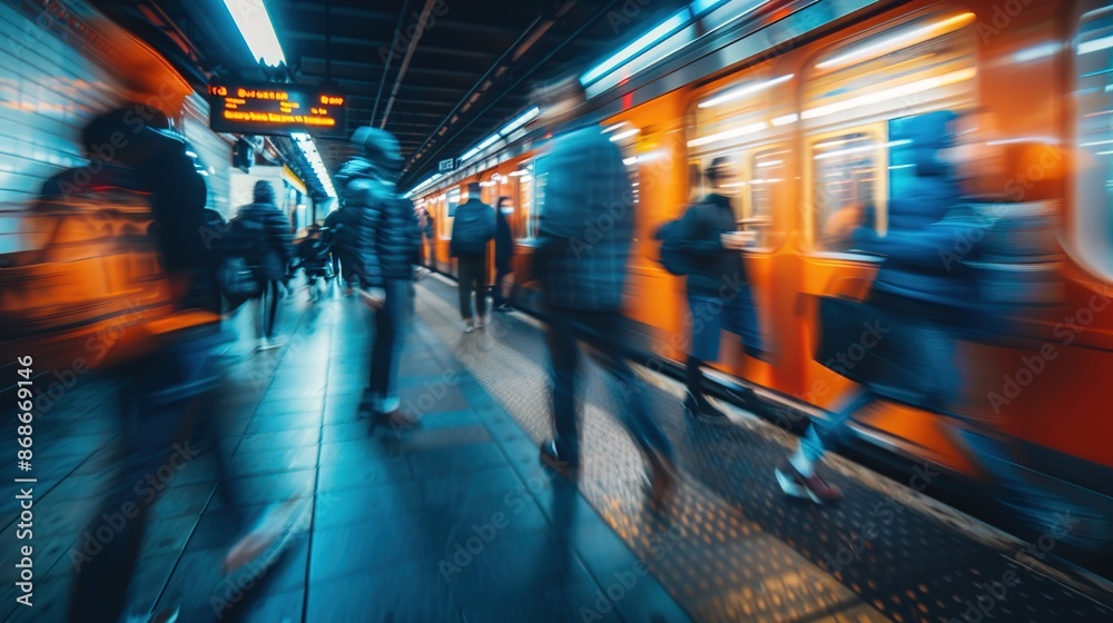 Obraz premium Blurred Motion of Passengers Boarding a Train