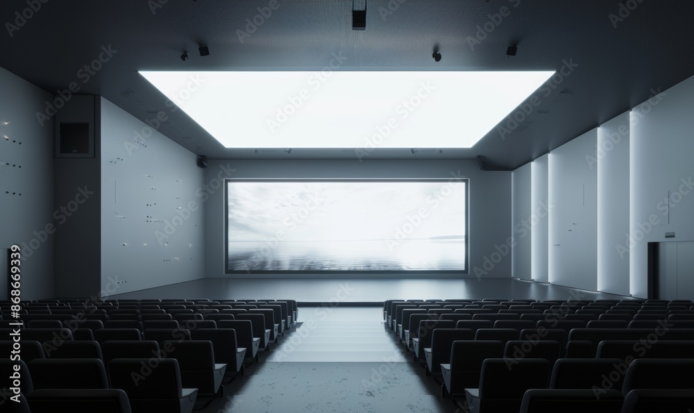 modern minimalist cinema hall with a large screen, black and white color scheme, symmetrical composition, high ceiling, daylight from skylight window, no seats, hyper realistic photo modern minimalist cinema hall with a large screen, black and white color scheme, symmetrical composition, high ceiling, daylight from skylight window, no seats, hyper realistic photo