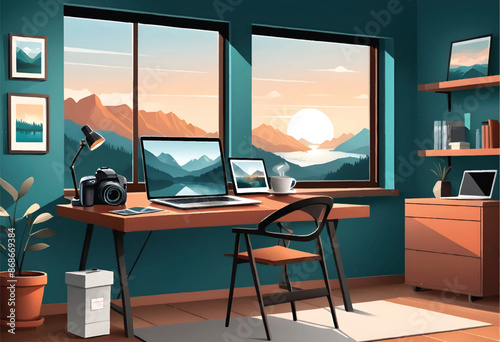 a vector illustration of a photographers workspace with a scenic view