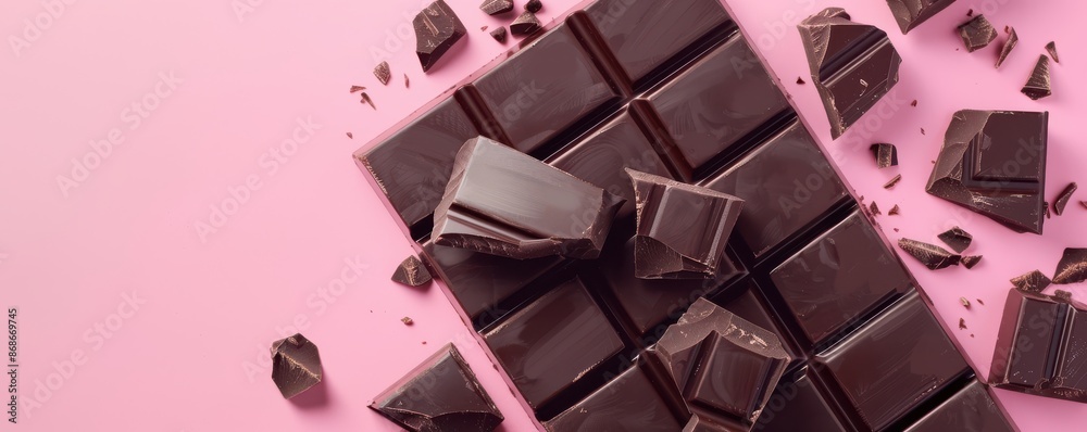 A chocolate bar is cut into squares and scattered on a pink background. Concept of indulgence and temptation, as the chocolate is a popular treat that many people enjoy. Free copy space for text.