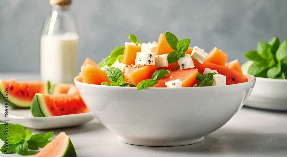 Watermelon salad with feta cheese and mint. Summer dish, minimalist setting. Healthy food concept. Food video for commercial ads, food blog, food styling, menu, cooking course, culinary visuals Watermelon salad with feta cheese and mint. Summer dish, minimalist setting. Healthy food concept. Food video for commercial ads, food blog, food styling, menu, cooking course, culinary visuals