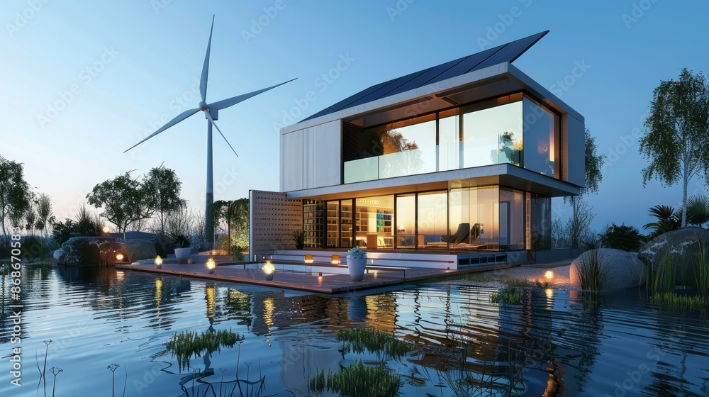 House powered by hydrogen energy, solar panels, and wind turbines.
House powered by hydrogen energy, solar panels, and wind turbines.