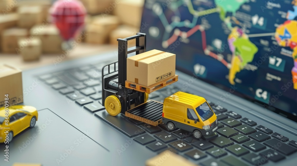 Forklift truck moving a pallet of boxes, representing logistics and delivery services.
Forklift truck moving a pallet of boxes, representing logistics and delivery services.