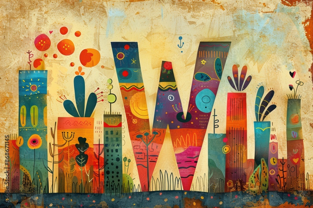 Obraz premium An artistic illustration featuring the letter W creatively integrated into a whimsical and colorful design. Perfect for projects that require a playful and imaginative touch.