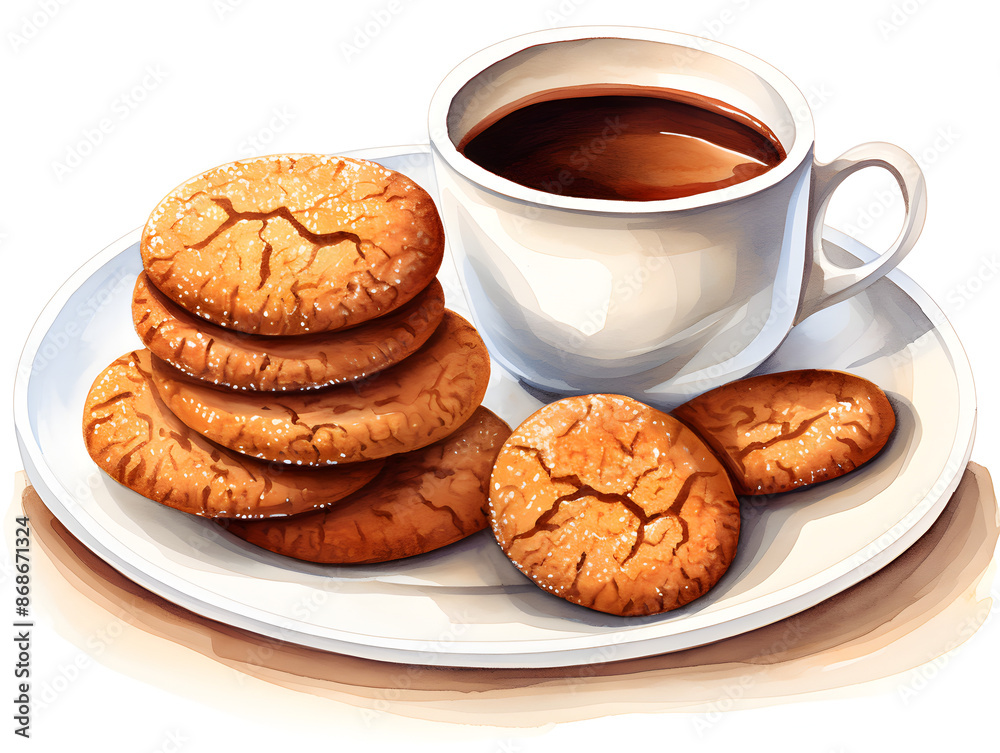 Illustration of a plate of gingersnap cookies and a cup of coffee, white background Illustration of a plate of gingersnap cookies and a cup of coffee, white background