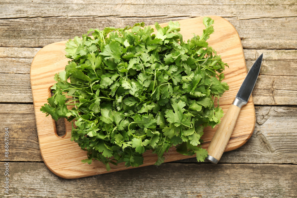 Fresh coriander and knife on wooden table, top view Fresh coriander and knife on wooden table, top view