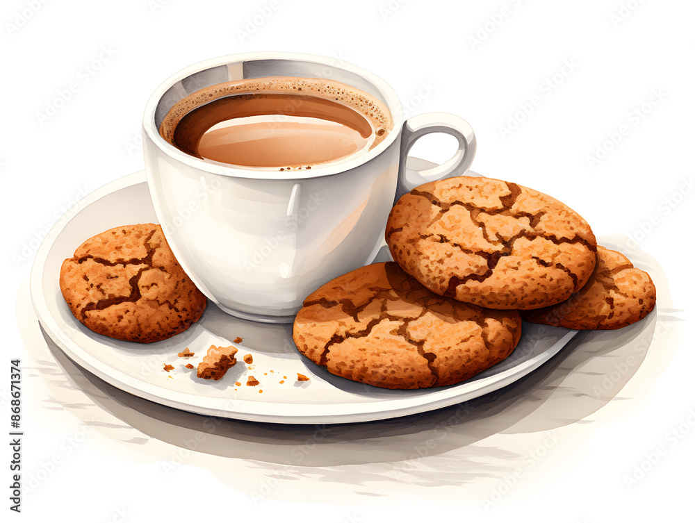 Illustration of a plate of gingersnap cookies and a cup of coffee, white background Illustration of a plate of gingersnap cookies and a cup of coffee, white background