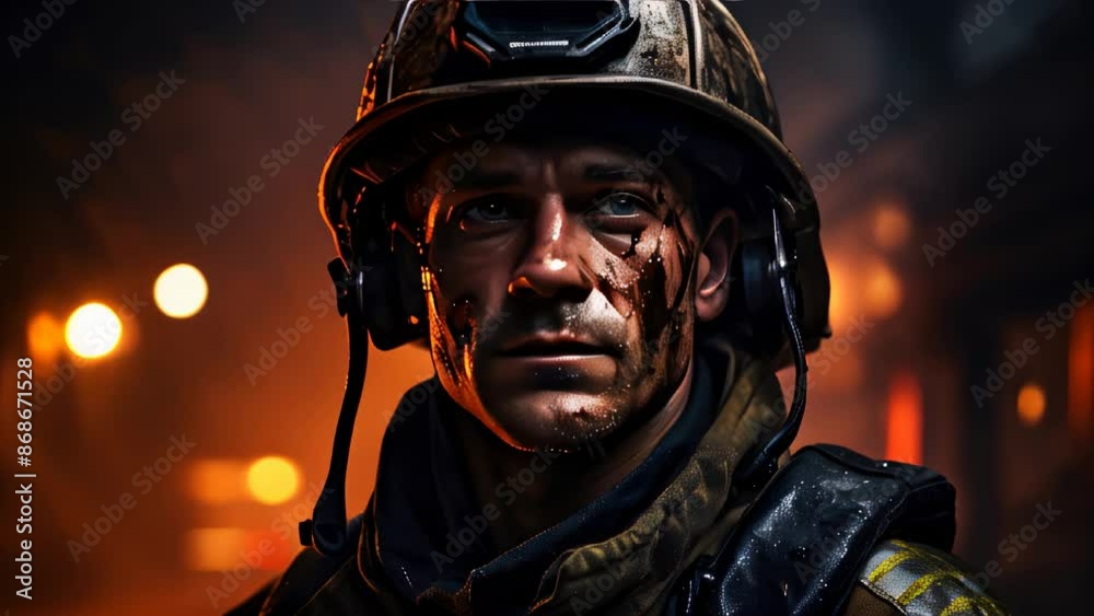 Firefighters face at night