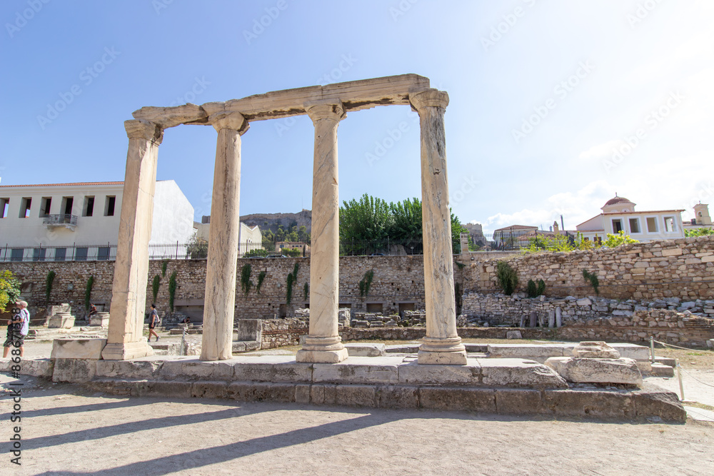 Hadrian Library ruins on the north side of the Acropolis in Athens, Greece. Ancient Roman Emporer Hadrian Library. Hadrian Library ruins on the north side of the Acropolis in Athens, Greece. Ancient Roman Emporer Hadrian Library.