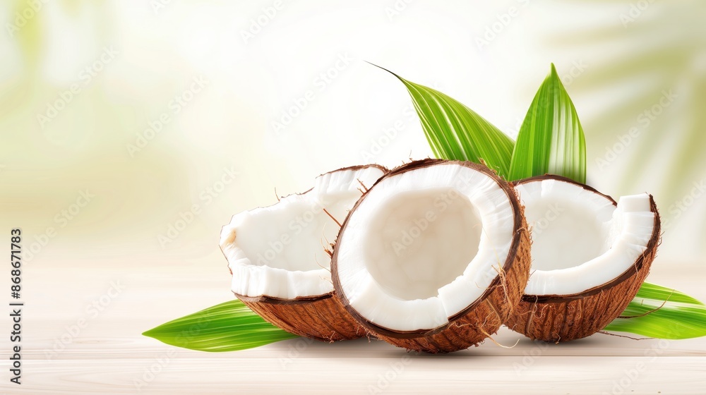 Fresh Coconut Halves with Palm Leaves on Wooden Table. Fresh Coconut Halves with Palm Leaves on Wooden Table.