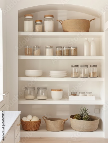 A minimalist pantry with white shelves and organized storage containers. A wicker basket holds pineapples on the bottom shelf.