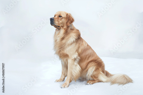 A golden retriever sitting gracefully on a pristine white background. The dog's fluffy golden fur is depicted in rich detail, with a gentle expression that conveys warmth and friendliness © SANA