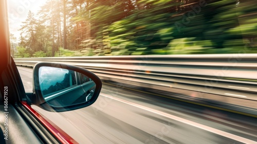 High-speed car image seen through the right side mirror.   © Chingiz